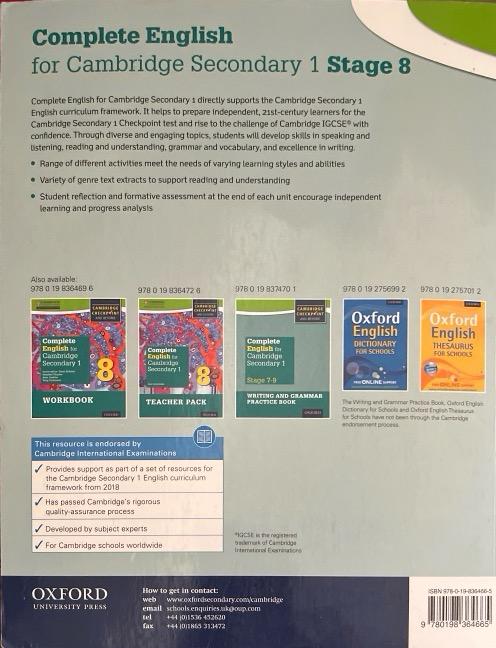 COMPLETE ENGLISH FOR CAMBRIDGE CHECKPOINT 8 STUDENT´S BOOK 9780198364665 OXFORD UNIVERSITY PRESS 2016 (USADO) - Imagen 2