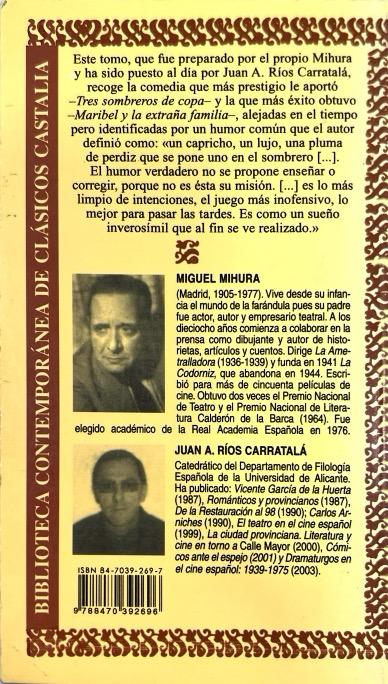 TRES SOMBREROS DE COPA ; MARIBEL Y LA EXTRAÑA FAMILIA -CLASICOS N.º 80:- MIGUEL MIHURA 9788470392696 CASTALIA 1997 (USADO) - Imagen 2