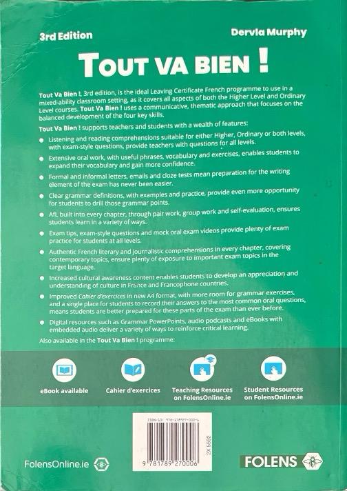 TOUT VA BIEN! LEAVING CERTIFICATE FRENCH ORDINARY HIGHER LEVELS 3 EDITION FRANÇAIS 9781789270006 FOLENS 2019 (USADO) - Imagen 2